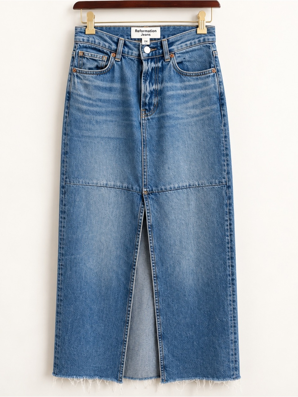 Reformation Tazz Straight-Leg Denim Skirt with Front Slit